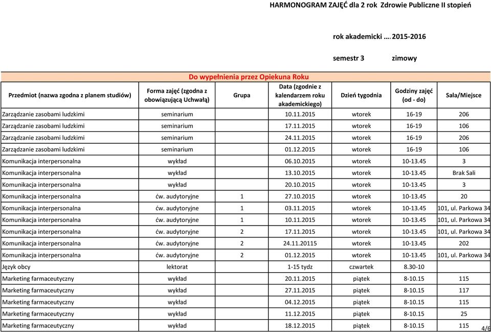 2015 wtorek 16-19 206 Zarządzane zasobam ludzkm semnarum 17.11.2015 wtorek 16-19 106 Zarządzane zasobam ludzkm semnarum 24.11.2015 wtorek 16-19 206 Zarządzane zasobam ludzkm semnarum 01.12.