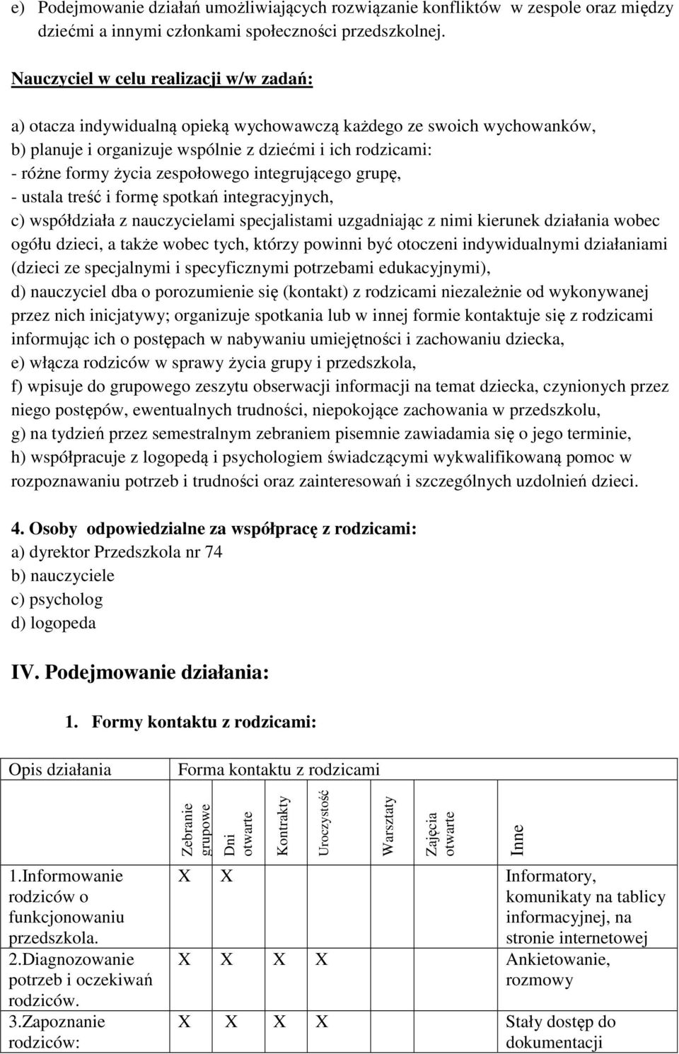 zespołowego integrującego grupę, - ustala treść i formę spotkań integracyjnych, c) współdziała z nauczycielami specjalistami uzgadniając z nimi kierunek działania wobec ogółu dzieci, a także wobec