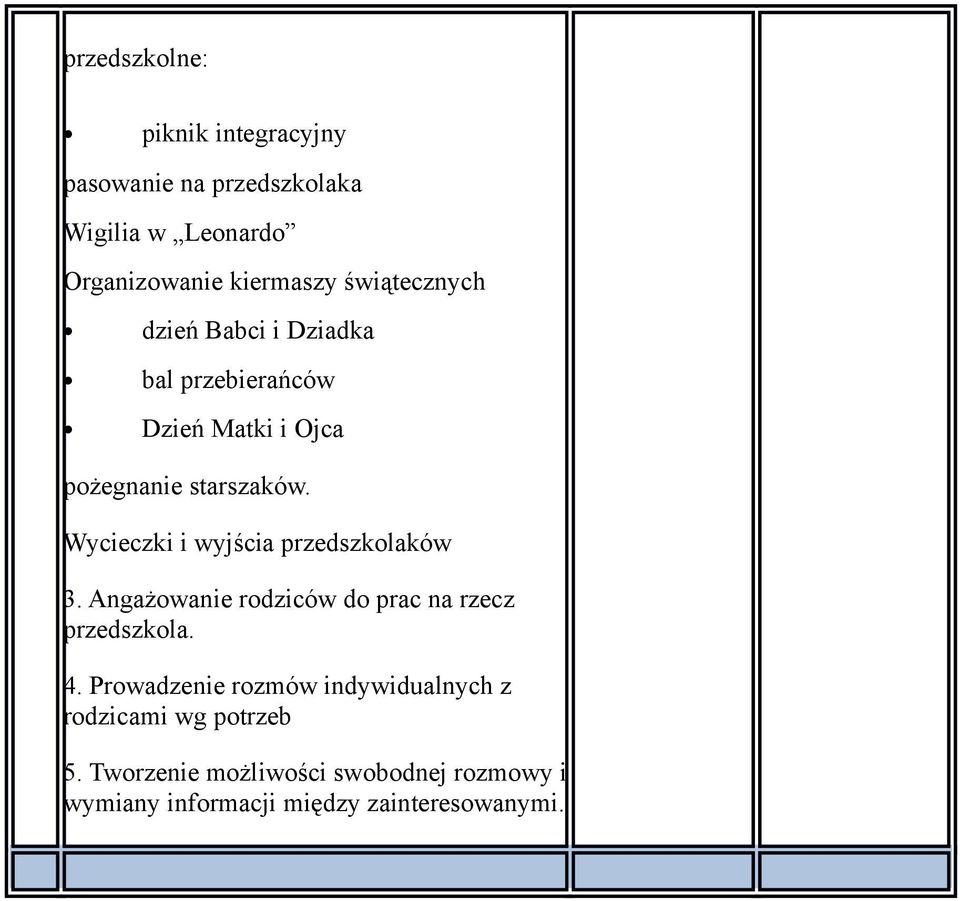 Wycieczki i wyjścia przedszkolaków 3. Angażowanie rodziców do prac na rzecz przedszkola. 4.