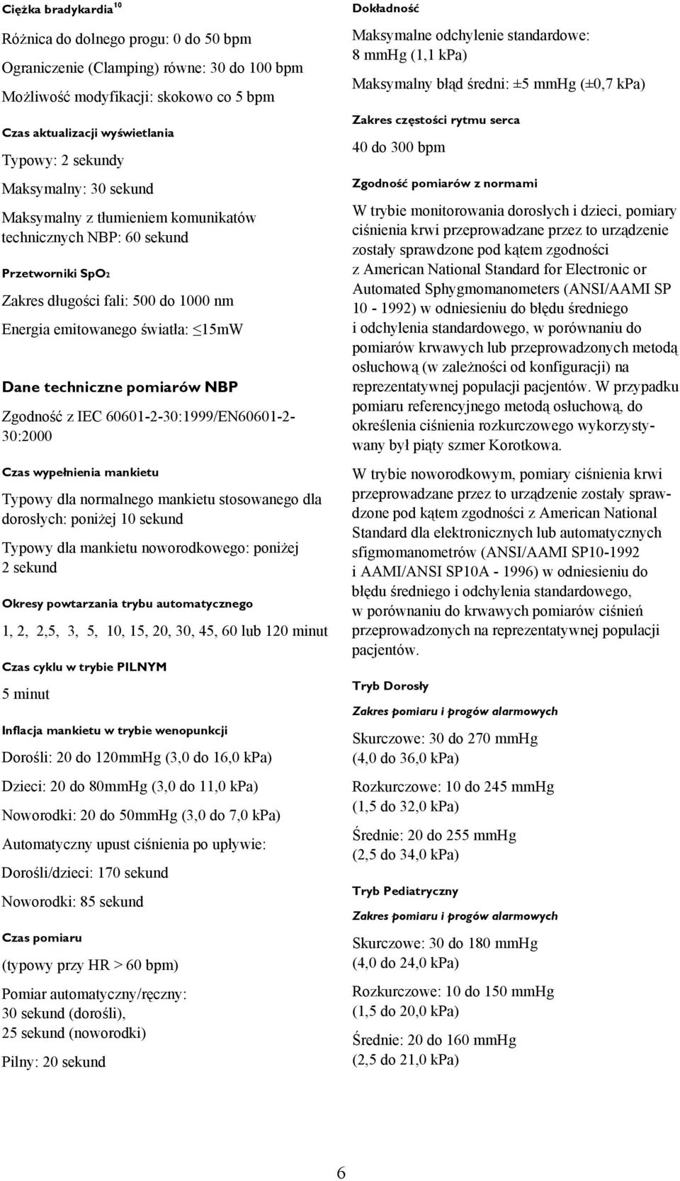 30:2000 Czas wypełnienia mankietu Typowy dla normalnego mankietu stosowanego dla dorosłych: poniżej 10 sekund Typowy dla mankietu noworodkowego: poniżej 2 sekund Okresy powtarzania trybu