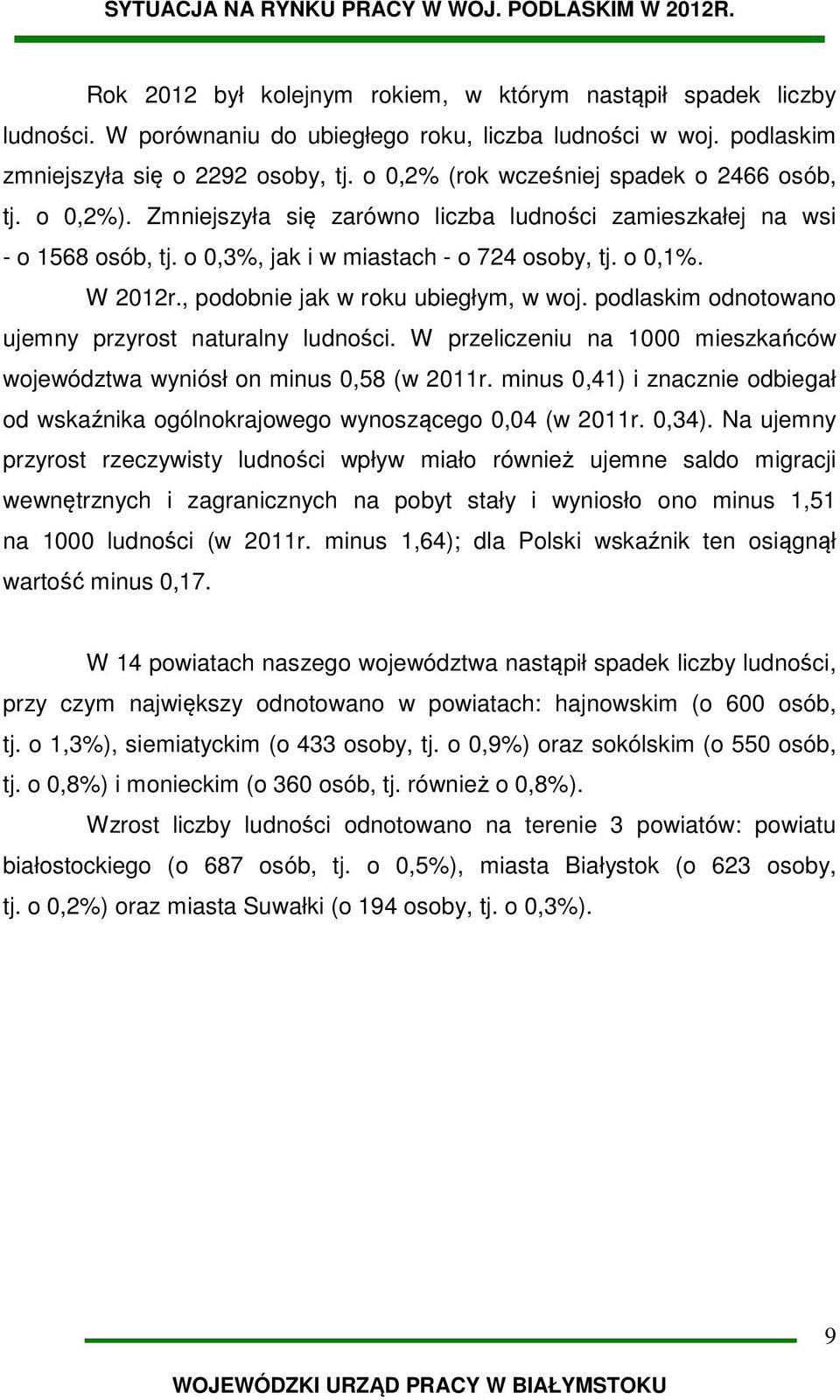 , podobnie jak w roku ubiegłym, w woj. podlaskim odnotowano ujemny przyrost naturalny ludności. W przeliczeniu na 1000 mieszkańców województwa wyniósł on minus 0,58 (w 2011r.