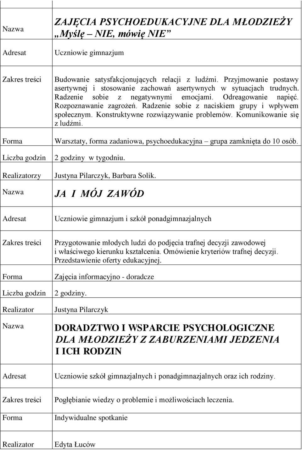 Radzenie sobie z naciskiem grupy i wpływem społecznym. Konstruktywne rozwiązywanie problemów. Komunikowanie się z ludźmi. Warsztaty, forma zadaniowa, psychoedukacyjna grupa zamknięta do 10 osób.