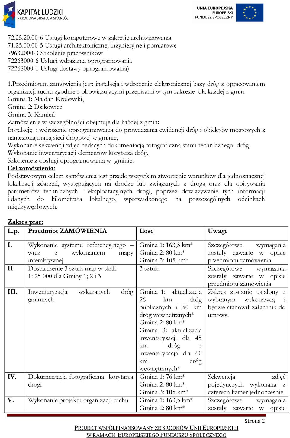 Królewski, Gmina 2: Dzikowiec Gmina 3: Kamień Zamówienie w szczególności obejmuje dla każdej z gmin: Instalację i wdrożenie oprogramowania do prowadzenia ewidencji dróg i obiektów mostowych z