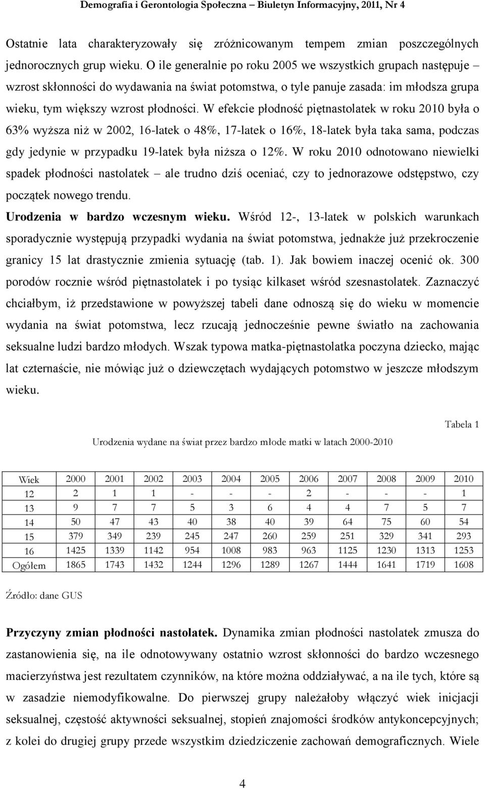 W efekcie płodność piętnastolatek w roku 2010 była o 63% wyższa niż w 2002, 16-latek o 48%, 17-latek o 16%, 18-latek była taka sama, podczas gdy jedynie w przypadku 19-latek była niższa o 12%.