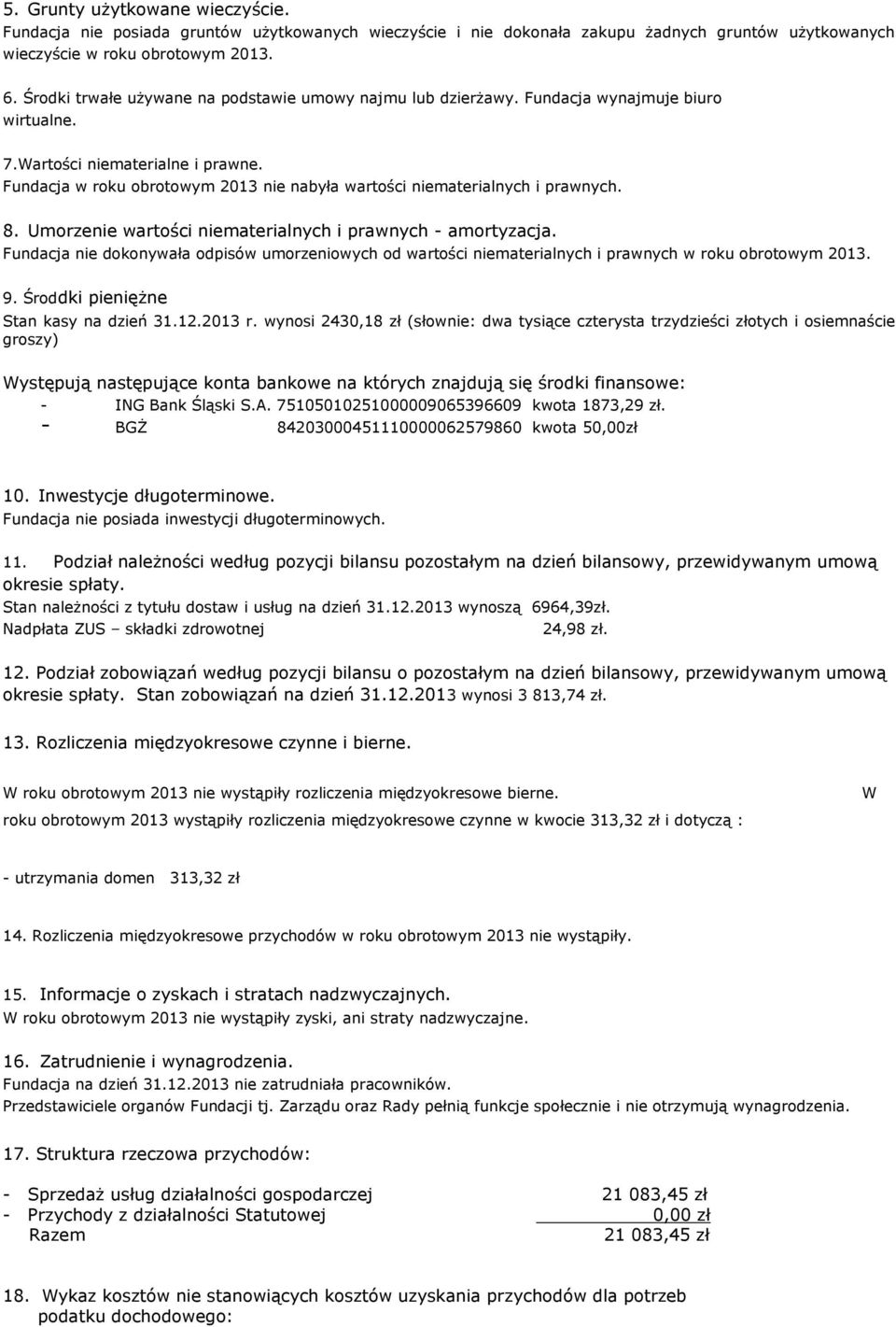 Fundacja w roku obrotowym 2013 nie nabyła wartości niematerialnych i prawnych. 8. Umorzenie wartości niematerialnych i prawnych - amortyzacja.