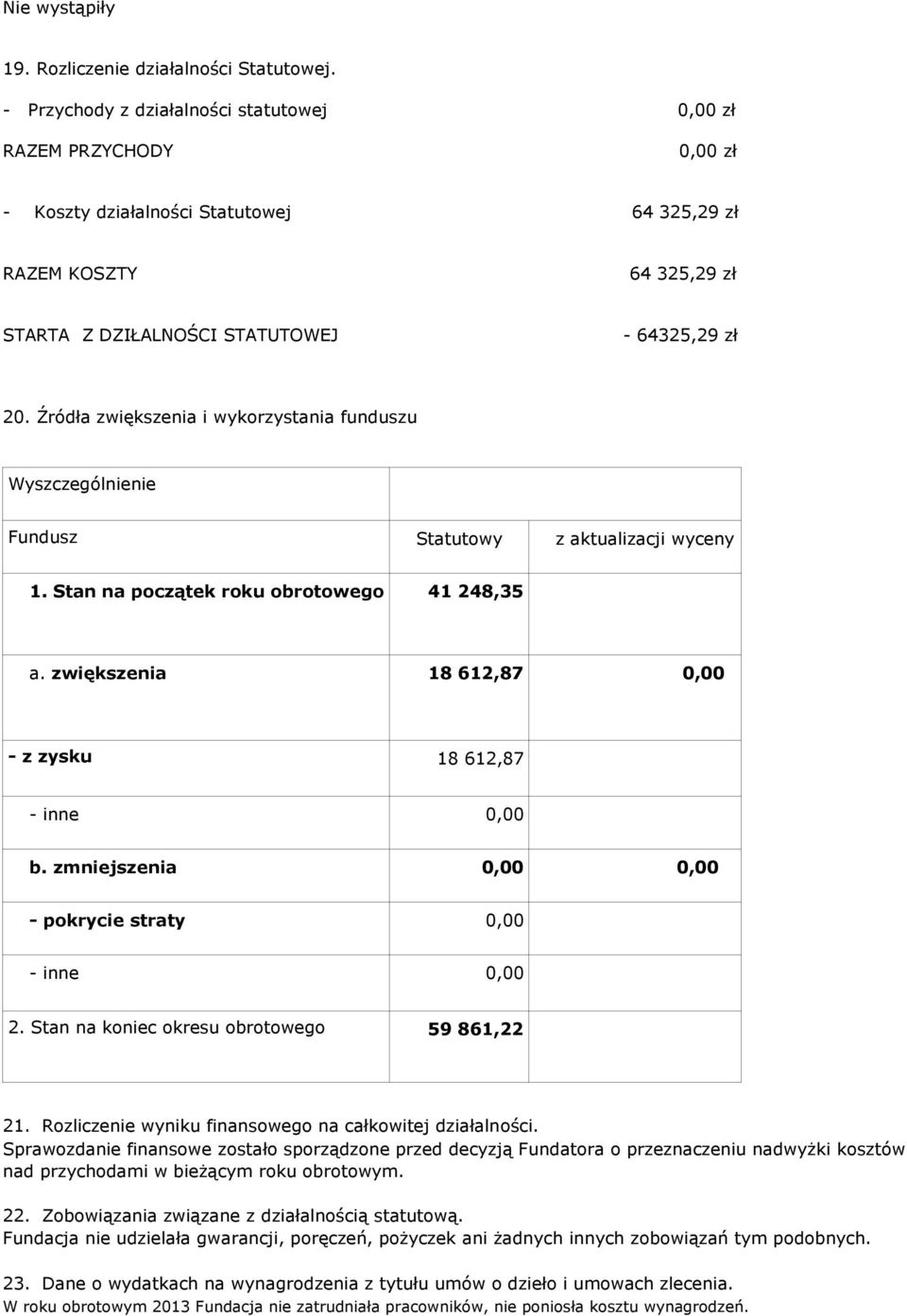 Źródła zwiększenia i wykorzystania funduszu Wyszczególnienie Fundusz Statutowy z aktualizacji wyceny 1. Stan na początek roku obrotowego 41 248,35 a.