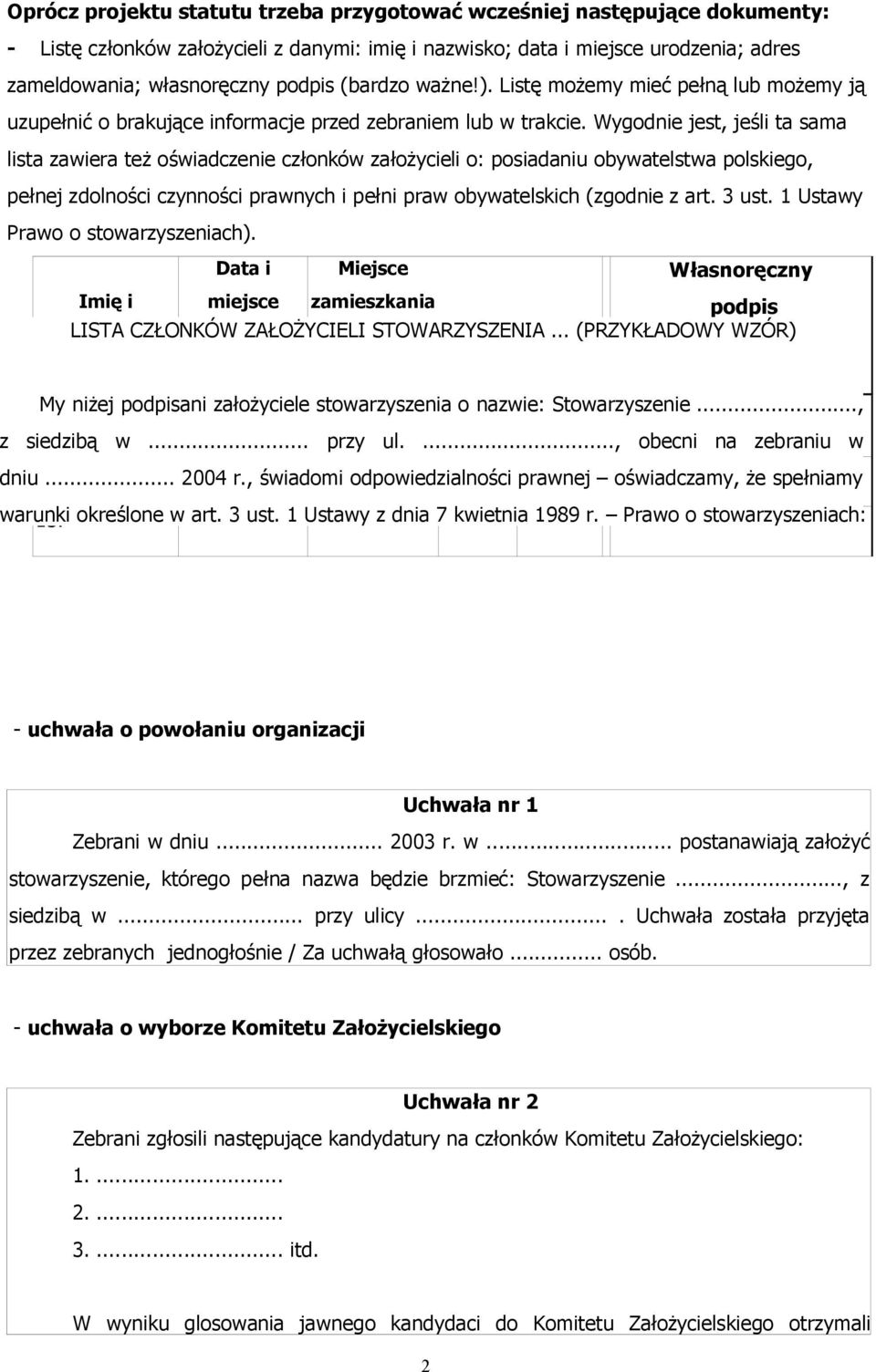 Wygodnie jest, jeśli ta sama lista zawiera też oświadczenie członków założycieli o: posiadaniu obywatelstwa polskiego, pełnej zdolności czynności prawnych i pełni praw obywatelskich (zgodnie z art.