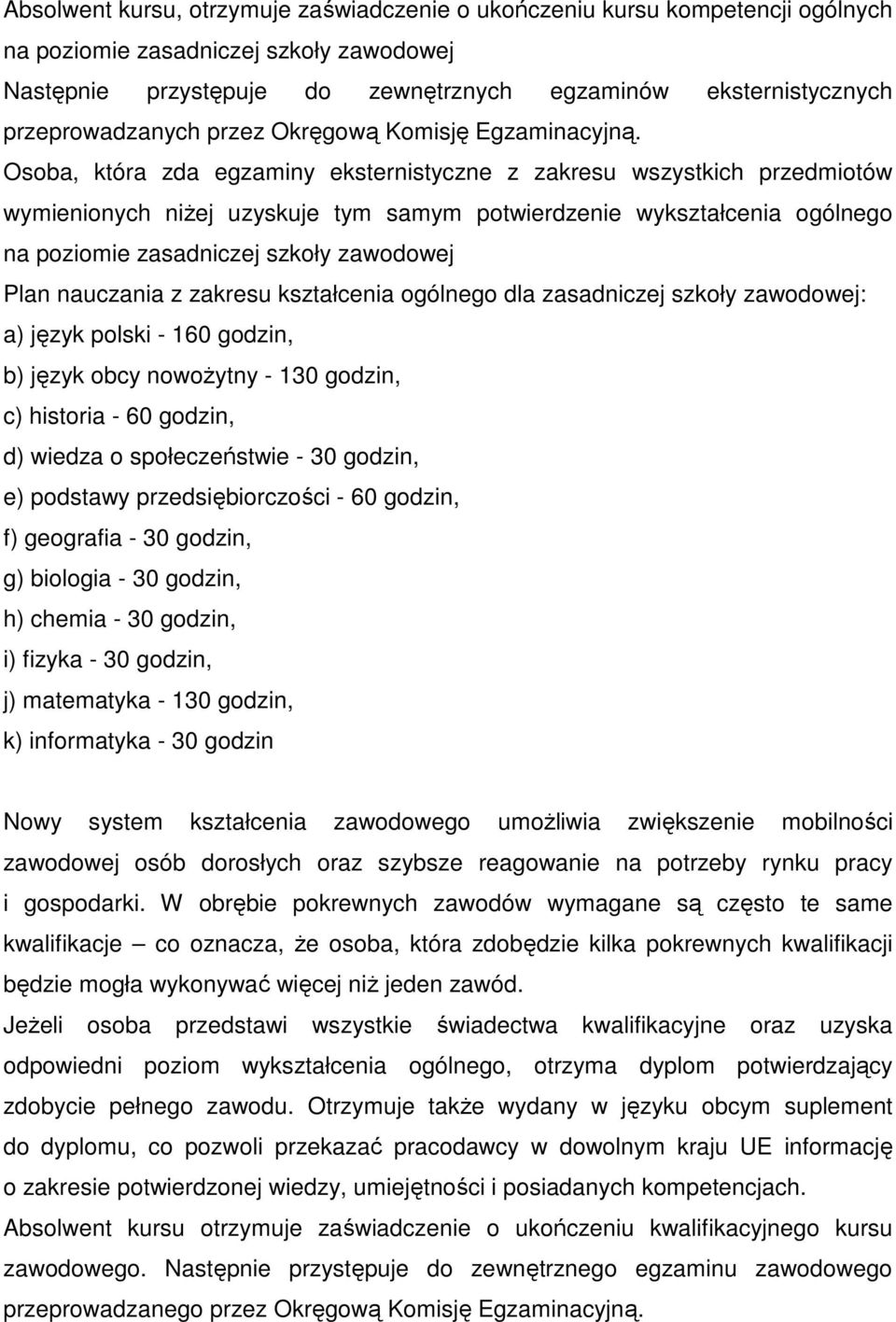 Osoba, która zda egzaminy eksternistyczne z zakresu wszystkich przedmiotów wymienionych niżej uzyskuje tym samym potwierdzenie wykształcenia ogólnego na poziomie zasadniczej szkoły zawodowej Plan