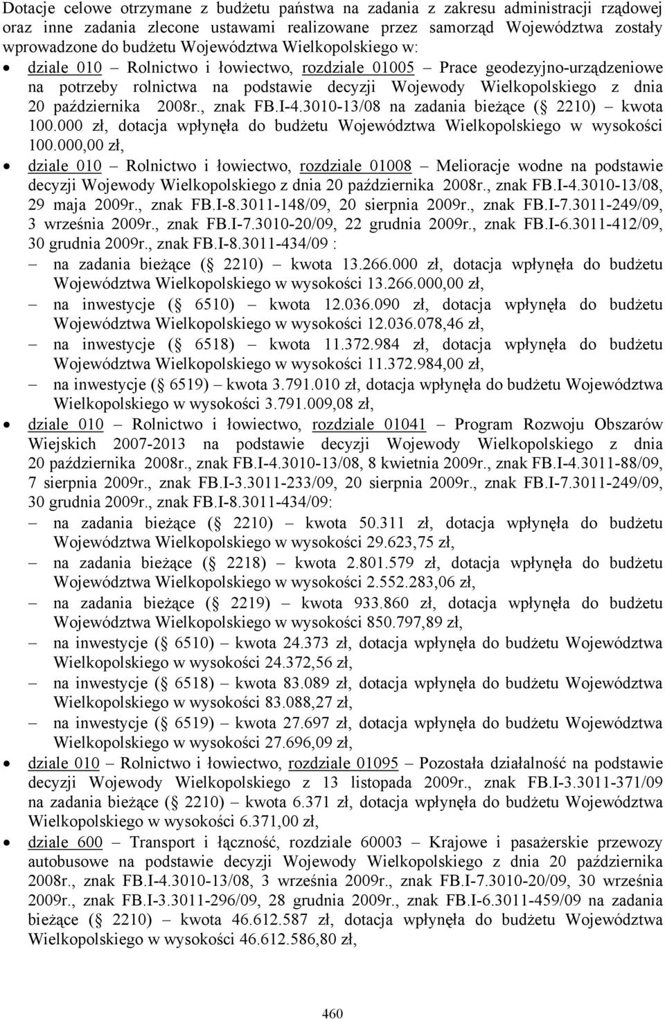 października 2008r., znak FB.I-4.3010-13/08 na zadania bieżące ( 2210) kwota 100.000 zł, dotacja wpłynęła do budżetu Województwa Wielkopolskiego w wysokości 100.