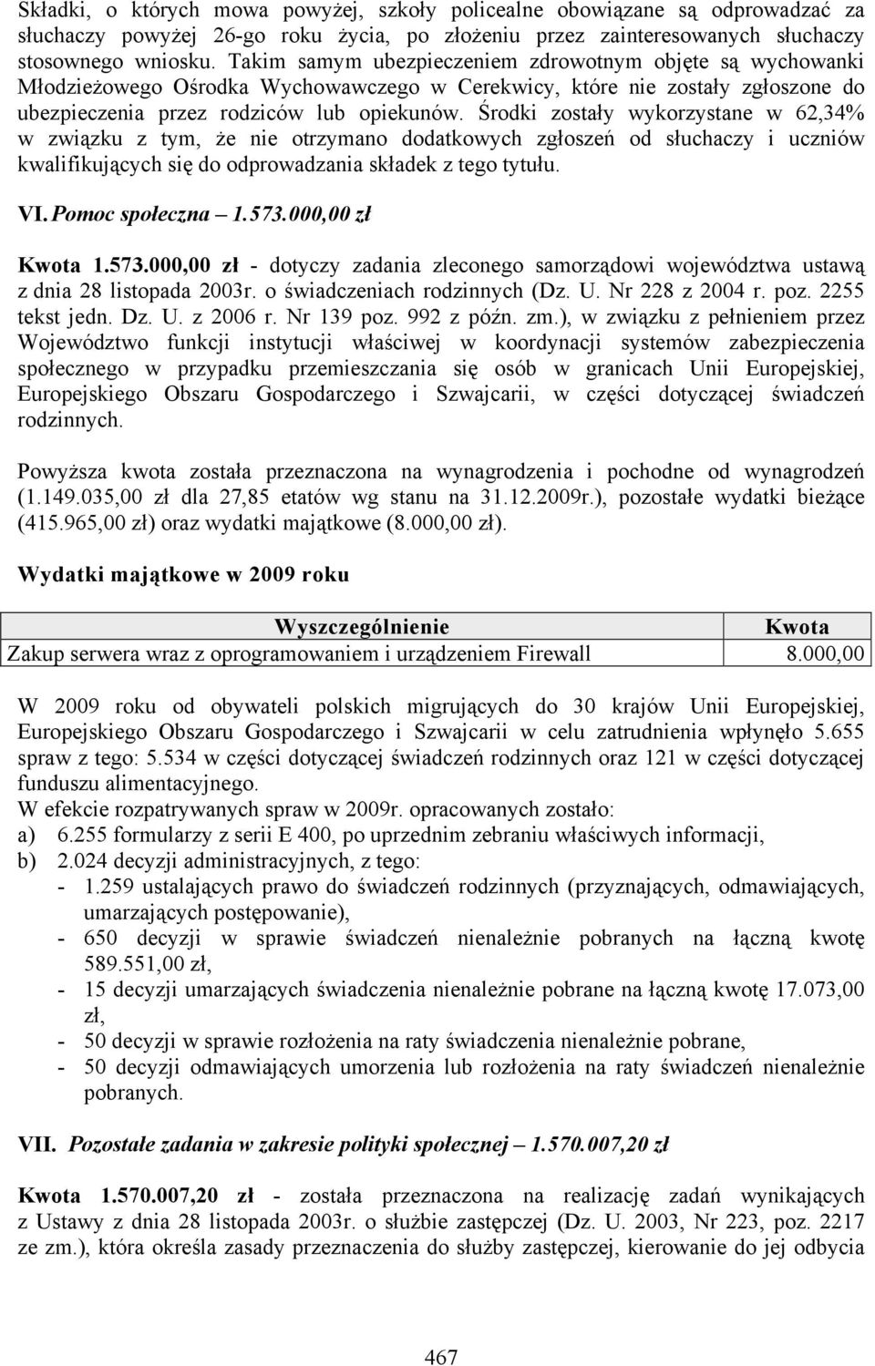 Środki zostały wykorzystane w 62,34% w związku z tym, że nie otrzymano dodatkowych zgłoszeń od słuchaczy i uczniów kwalifikujących się do odprowadzania składek z tego tytułu. VI. Pomoc społeczna 1.