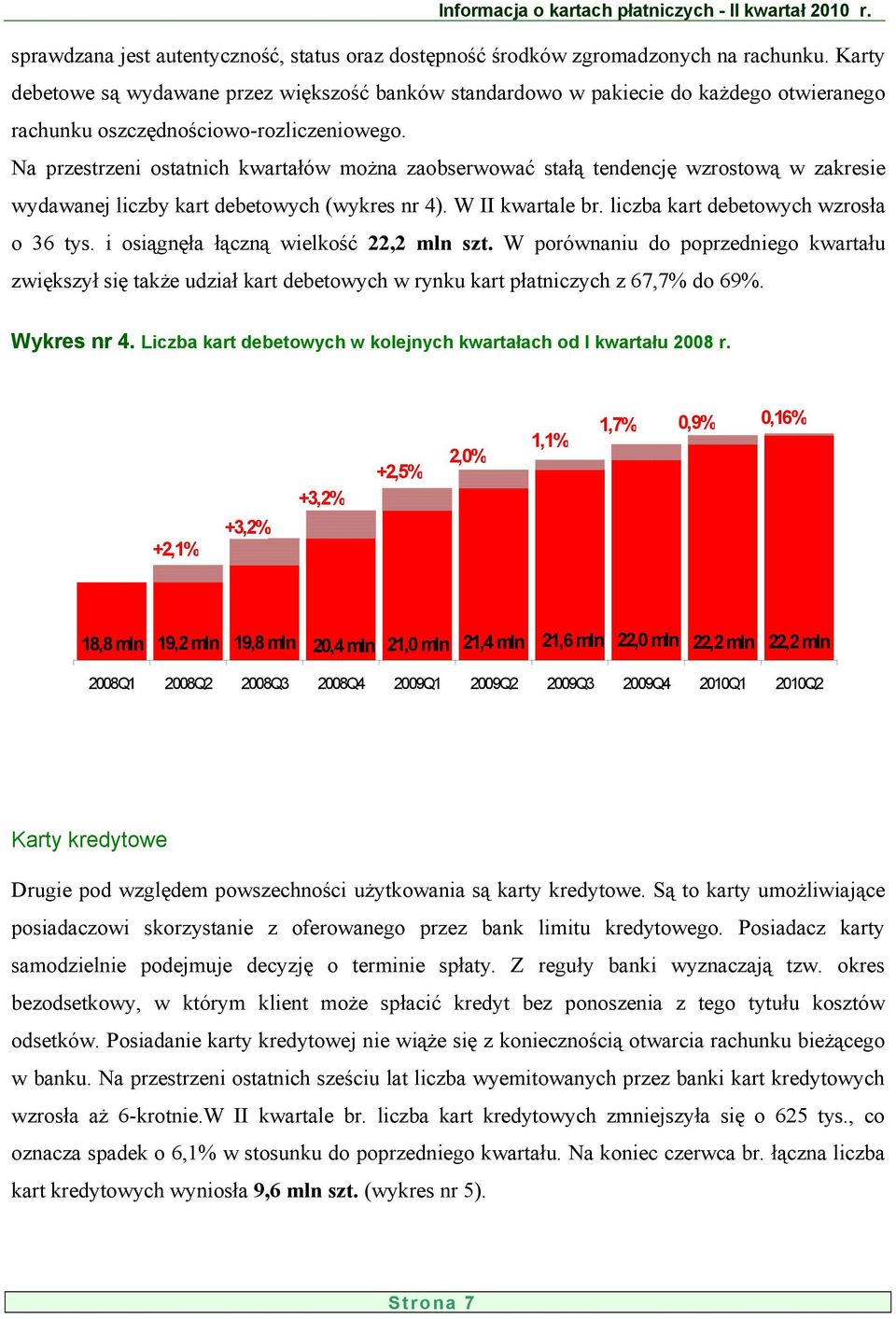 Na przestrzeni ostatnich kwartałów można zaobserwować stałą tendencję wzrostową w zakresie wydawanej liczby kart debetowych (wykres nr 4). W II kwartale br. liczba kart debetowych wzrosła o 36 tys.