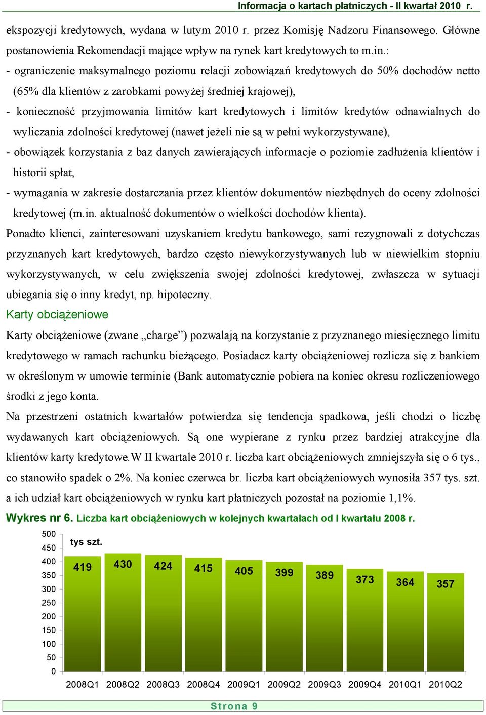 : - ograniczenie maksymalnego poziomu relacji zobowiązań kredytowych do 5% dochodów netto (65% dla klientów z zarobkami powyżej średniej krajowej), - konieczność przyjmowania limitów kart kredytowych