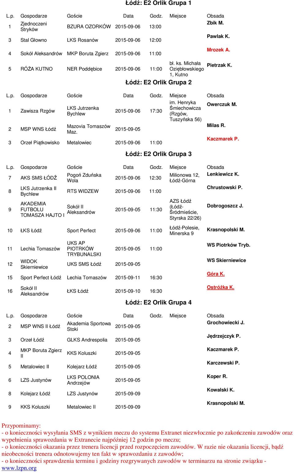 LKS Jutrzenka Śmiechowicza 1 Zawisza Rzgów 2015-0-06 17:30 Bychlew (Rzgów, Tuszyńska 56) Mazovia Tomaszów Milas R. 2 MSP WNS Łódź Maz. Kaczmarek P.