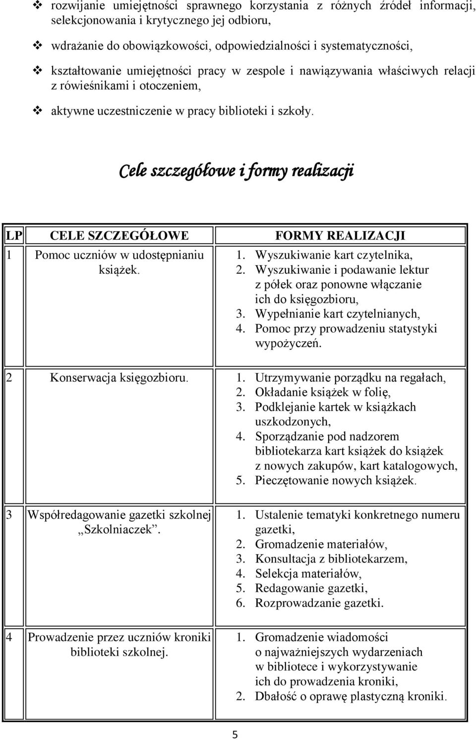 Cele szczegółowe i formy realizacji LP CELE SZCZEGÓŁOWE FORMY REALIZACJI 1 Pomoc uczniów w udostępnianiu książek. 1. Wyszukiwanie kart czytelnika, 2.