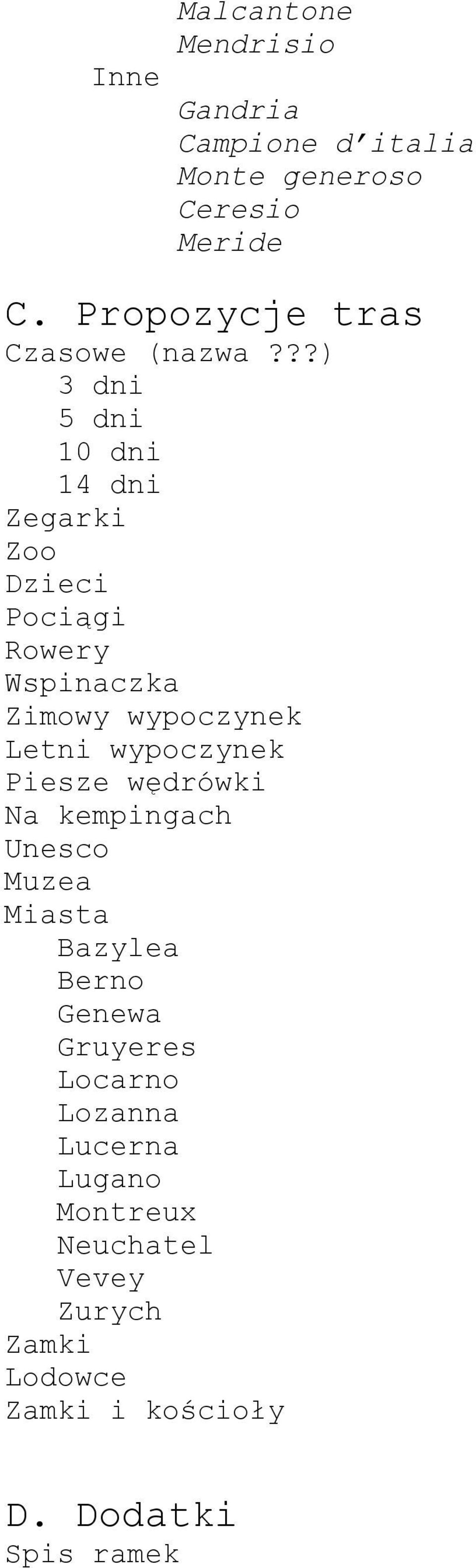 ??) 3 dni 5 dni 10 dni 14 dni Zegarki Zoo Dzieci Pociągi Rowery Wspinaczka Zimowy wypoczynek Letni