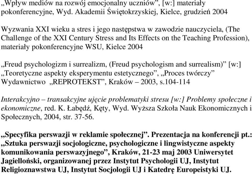 Profession), materiały pokonferencyjne WSU, Kielce 2004 Freud psychologizm i surrealizm, (Freud psychologism and surrealism) [w:] Teoretyczne aspekty eksperymentu estetycznego, Proces twórczy