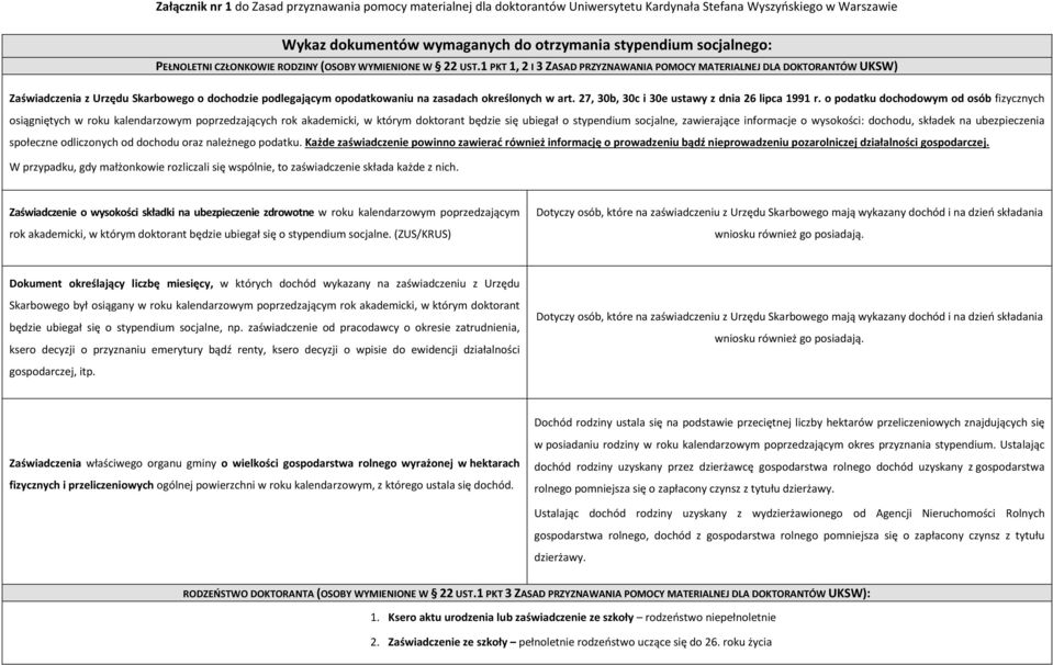 1 PKT 1, 2 I 3 ZASAD PRZYZNAWANIA POMOCY MATERIALNEJ DLA DOKTORANTÓW UKSW) Zaświadczenia z Urzędu Skarbowego o dochodzie podlegającym opodatkowaniu na zasadach określonych w art.