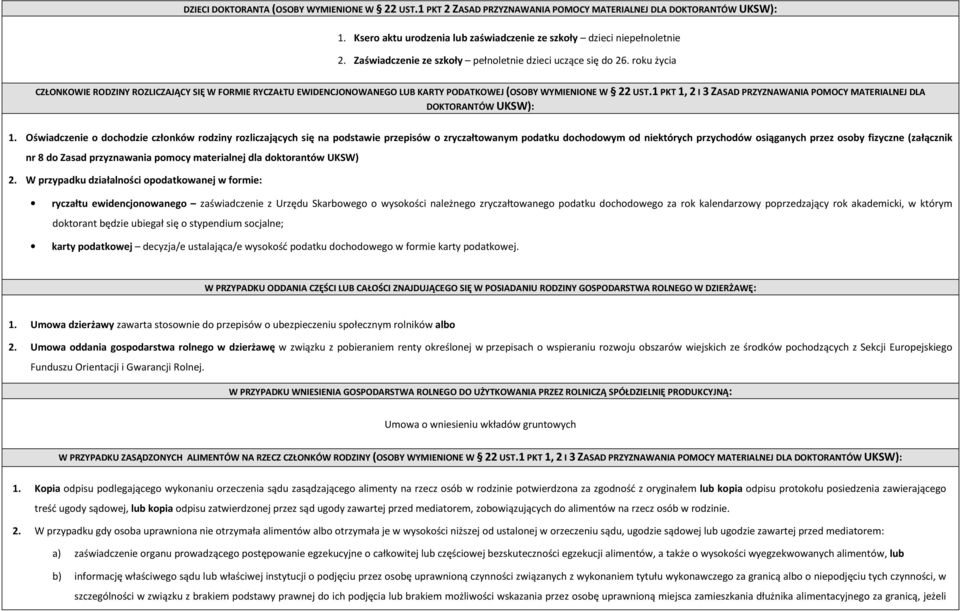 1 PKT 1, 2 I 3 ZASAD PRZYZNAWANIA POMOCY MATERIALNEJ DLA DOKTORANTÓW UKSW): 1.