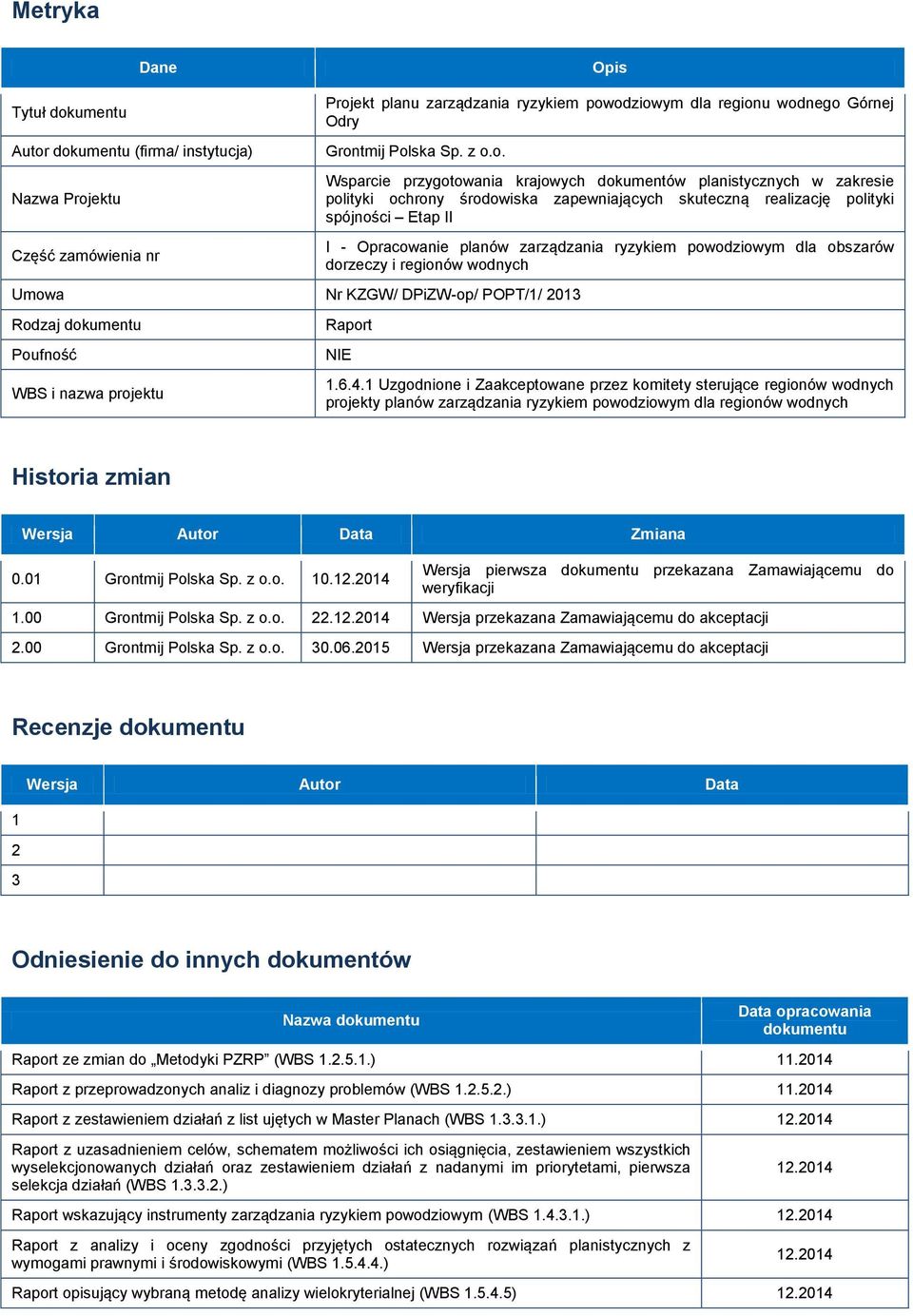 o. Umowa Nr KZGW/ DPiZW-op/ POPT/1/ 2013 Rodzaj dokumentu Poufność WBS i nazwa projektu Wsparcie przygotowania krajowych dokumentów planistycznych w zakresie polityki ochrony środowiska