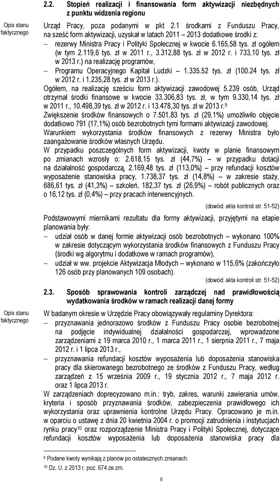 zł w 2011 r., 3.312,88 tys. zł w 2012 r. i 733,10 tys. zł w 2013 r.) na realizację programów, Programu Operacyjnego Kapitał Ludzki 1.335.52 tys. zł (100.24 tys. zł w 2012 r. i 1.235,28 tys.
