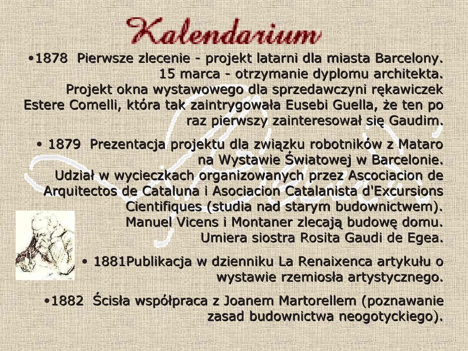 1879 Prezentacja projektu dla związku robotników z Mataro na Wystawie Światowej w Barcelonie.