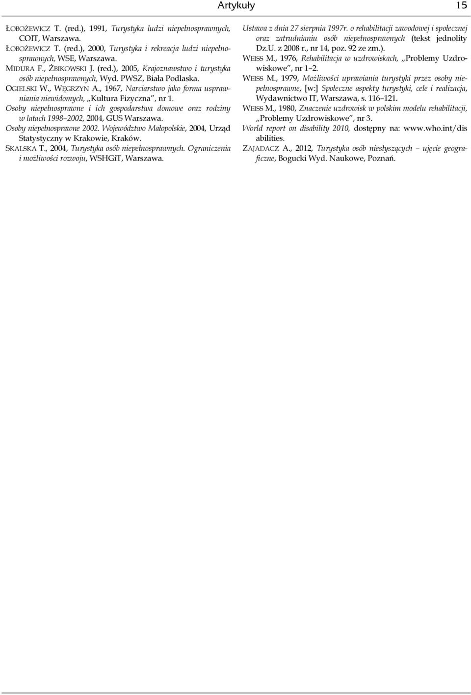 , 1967, Narciarstwo jako forma usprawniania niewidomych, Kultura Fizyczna, nr 1. Osoby niepełnosprawne i ich gospodarstwa domowe oraz rodziny w latach 1998 2002, 2004, GUS Warszawa.