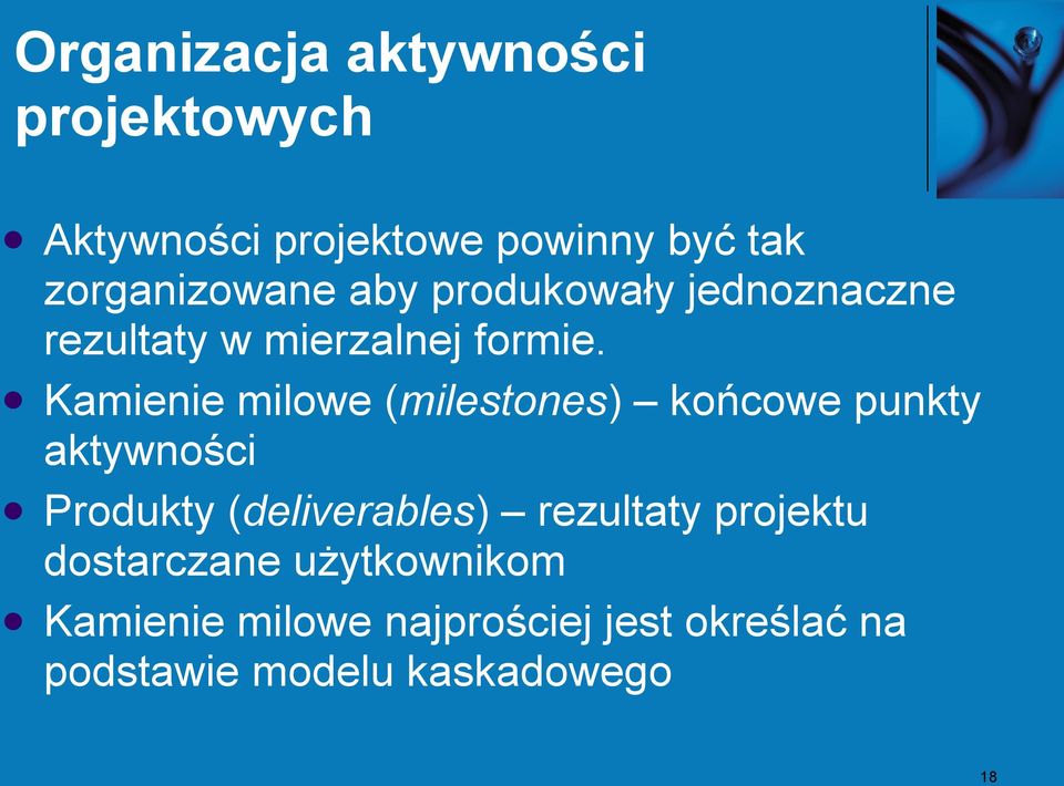 Kamienie milowe (milestones) końcowe punkty aktywności Produkty (deliverables)