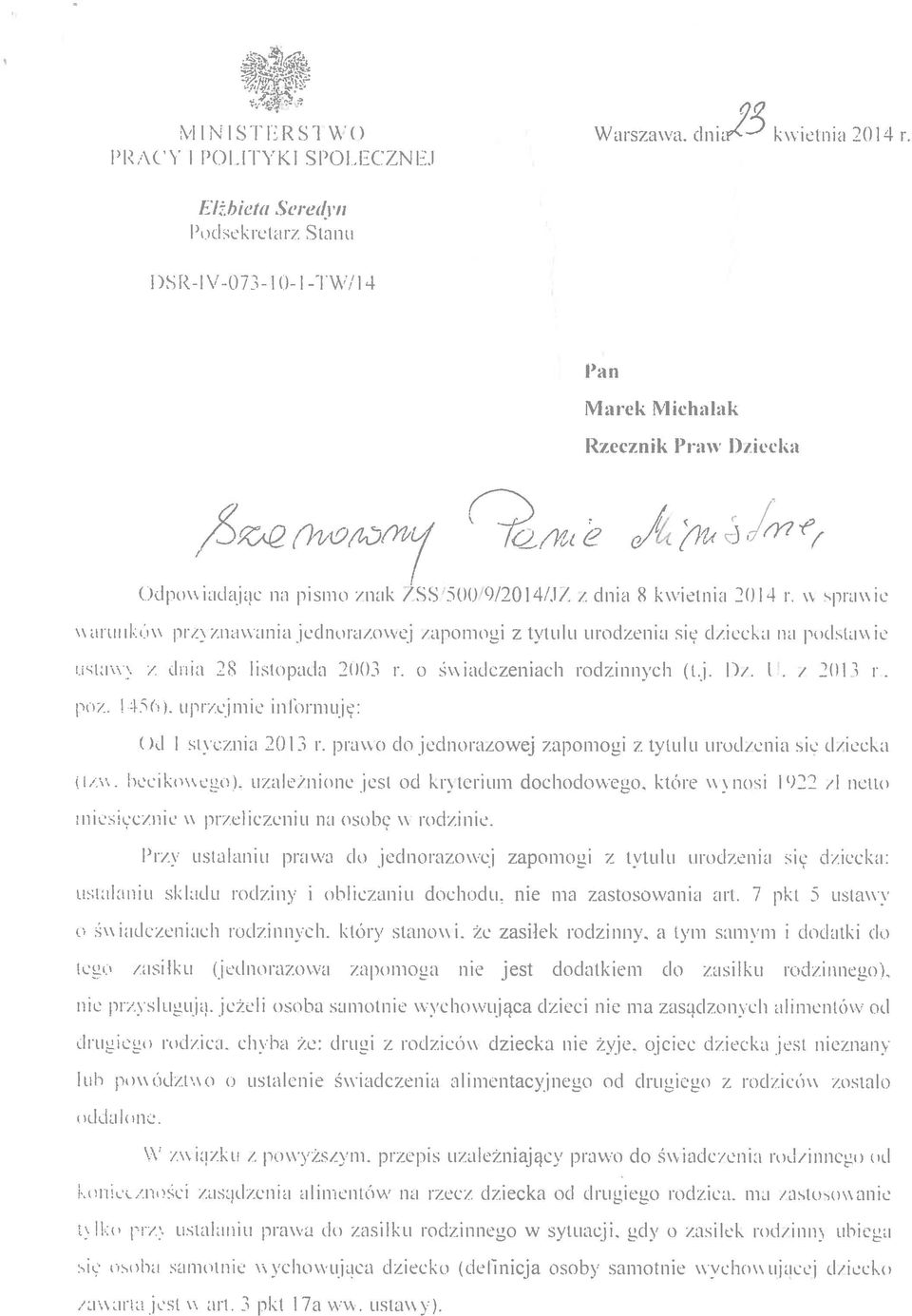 apomoui z tytułu ni dzenia si dziecka na pkk[a\\ ic ita\\ \ / dnia 2X I kiopada 2U03 O \\ iadczeniach rodzinnych (tj. I)i. I i 201 3 r poz. I4(. upi rjmie inhrmuję: )d I st\ czuja 2013 u.