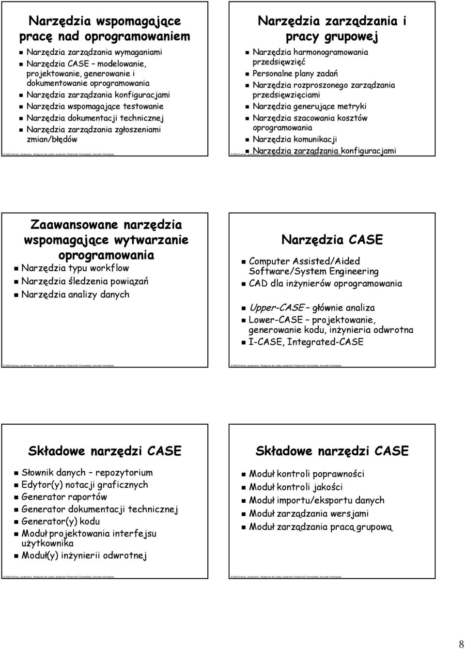 Personalne plany zadań Narzędzia rozproszonego zarządzania przedsięwzięciami Narzędzia generujące metryki Narzędzia szacowania kosztów Narzędzia komunikacji Narzędzia zarządzania konfiguracjami