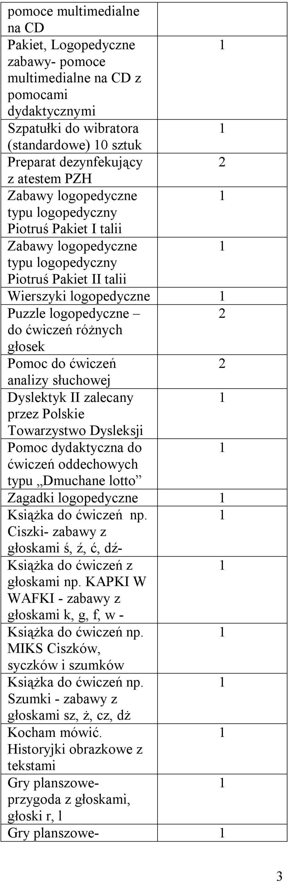 ćwiczeń analizy słuchowej Dyslektyk II zalecany przez Polskie Towarzystwo Dysleksji Pomoc dydaktyczna do ćwiczeń oddechowych typu Dmuchane lotto Zagadki logopedyczne Książka do ćwiczeń np.