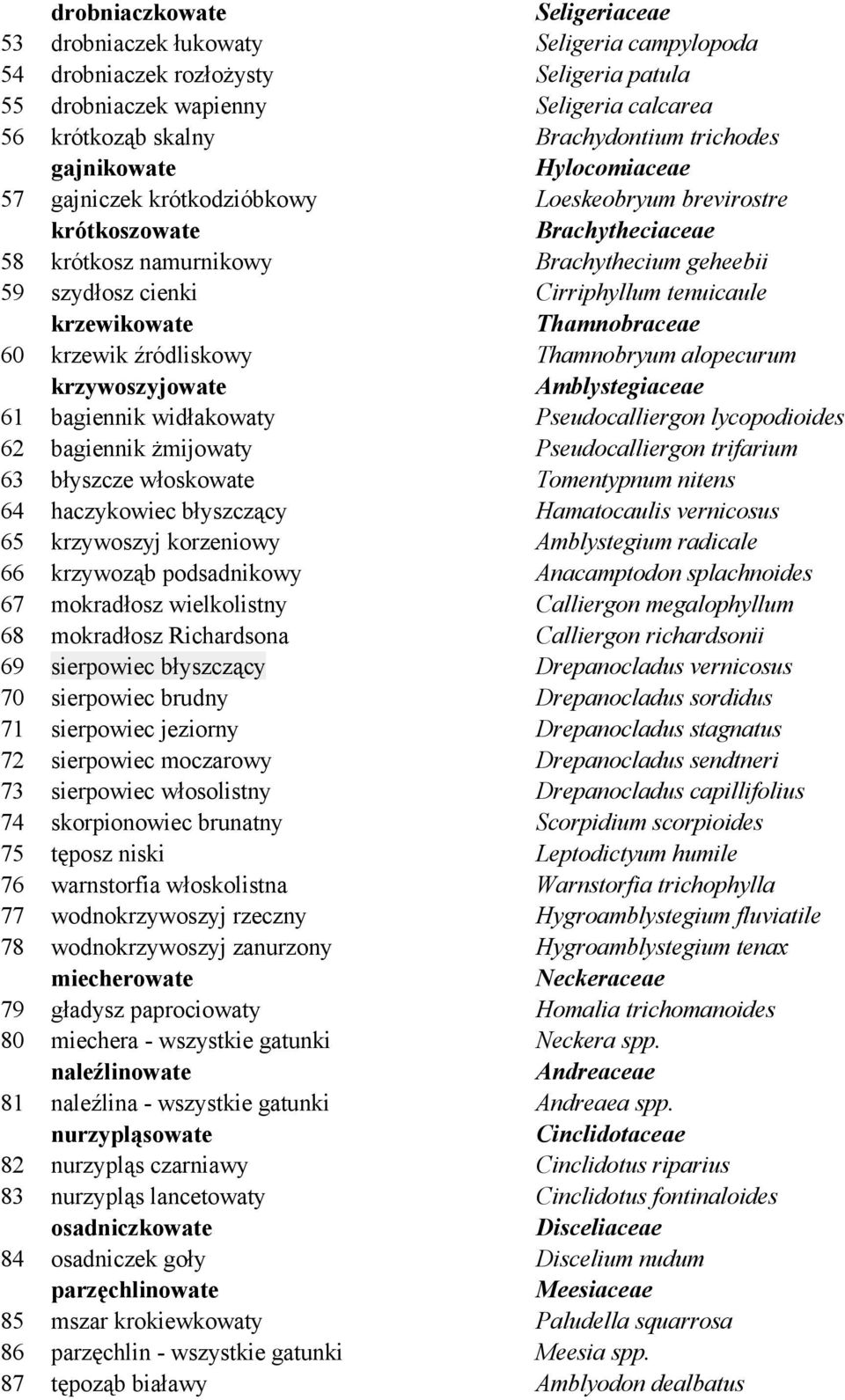 tenuicaule krzewikowate Thamnobraceae 60 krzewik źródliskowy Thamnobryum alopecurum krzywoszyjowate Amblystegiaceae 61 bagiennik widłakowaty Pseudocalliergon lycopodioides 62 bagiennik żmijowaty