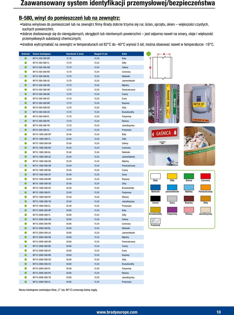 substancji chemicznych; średnia wytrzymałość na zewnątrz w temperaturach od 82 C do -40 C wynosi 5 lat; można stosować nawet w temperaturze -18 C. Długość B (m) Kolor M71C-500-580-WT 12.70 15.