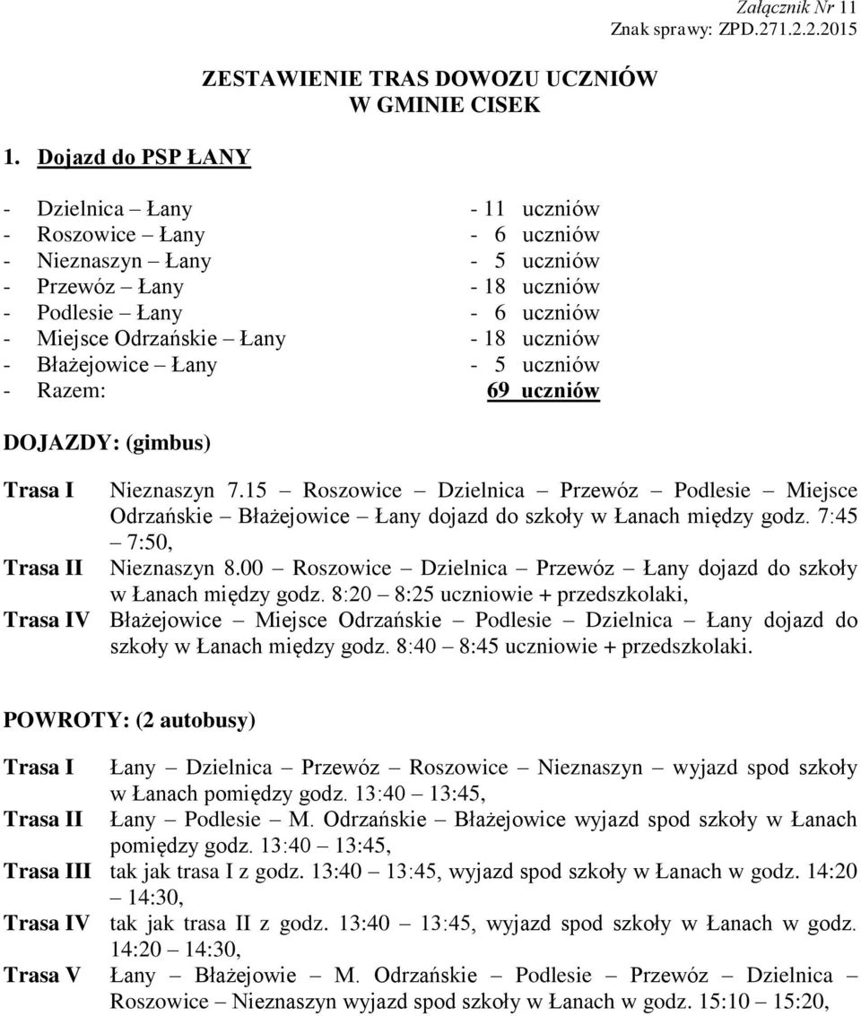 15 Roszowice Dzielnica Przewóz Podlesie Miejsce Odrzańskie Błażejowice Łany dojazd do szkoły w Łanach między godz. 7:45 7:50, Nieznaszyn 8.