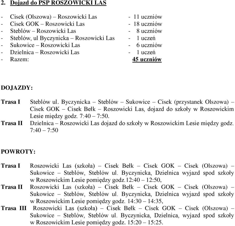 Byczynicka Steblów Sukowice Cisek (przystanek Olszowa) Cisek GOK Cisek Bełk Roszowicki Las, dojazd do szkoły w Roszowickim Lesie między godz. 7:40 7:50.