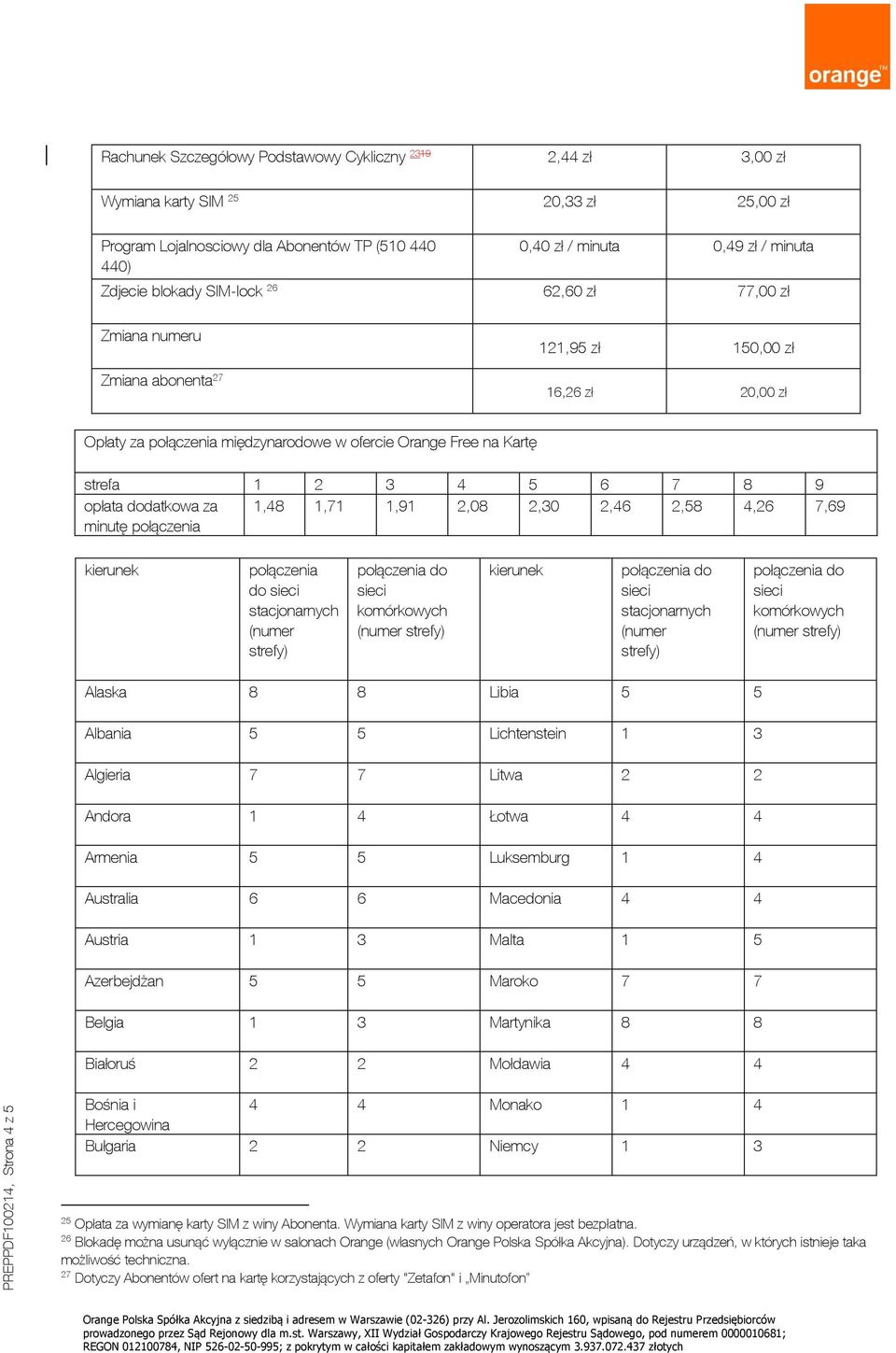 strefa 1 2 3 4 5 6 7 8 9 opłata dodatkowa za 1,48 1,71 1,91 2,08 2,30 2,46 2,58 4,26 7,69 minutę połączenia kierunek połączenia do stacjonarnych (numer strefy) komórkowych (numer strefy) kierunek