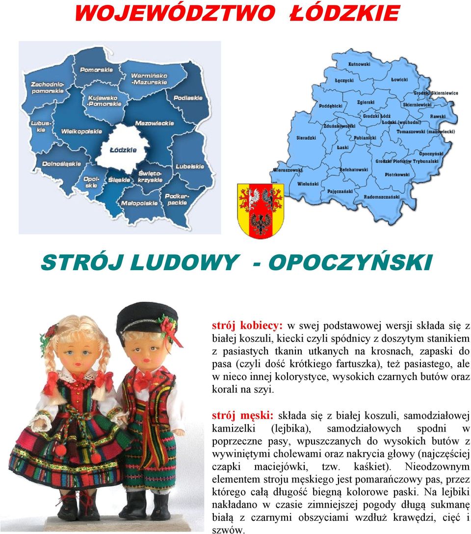 strój męski: składa się z białej koszuli, samodziałowej kamizelki (lejbika), samodziałowych spodni w poprzeczne pasy, wpuszczanych do wysokich butów z wywiniętymi cholewami oraz nakrycia głowy