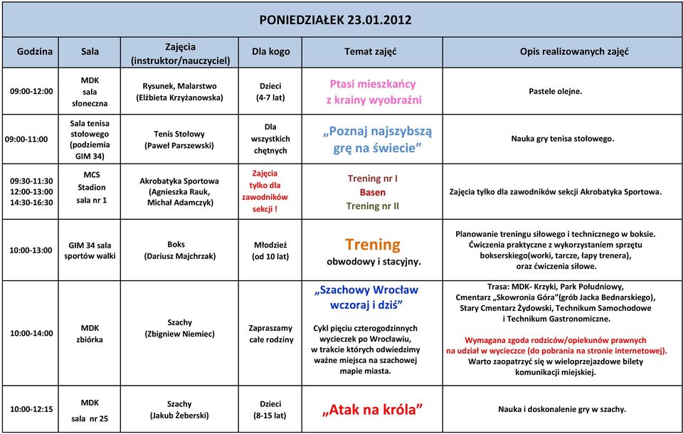 09:30-11:30 12:00-13:00 14:30-16:30 MCS Stadion nr 1 Akrobatyka Sportowa (Agnieszka Rauk, Michał Adamczyk) tylko dla zawodników sekcji!