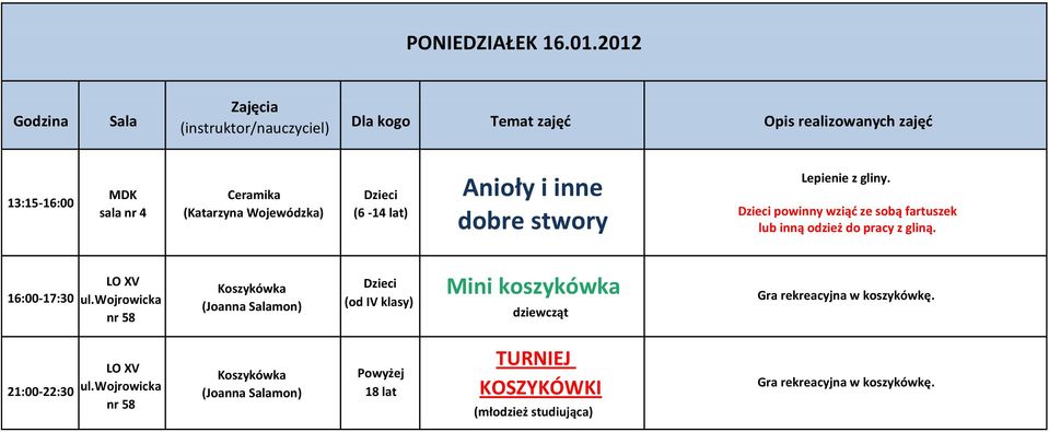 powinny wziąć ze sobą fartuszek lub inną odzież do pracy z gliną. 16:00-17:30 LO XV ul.