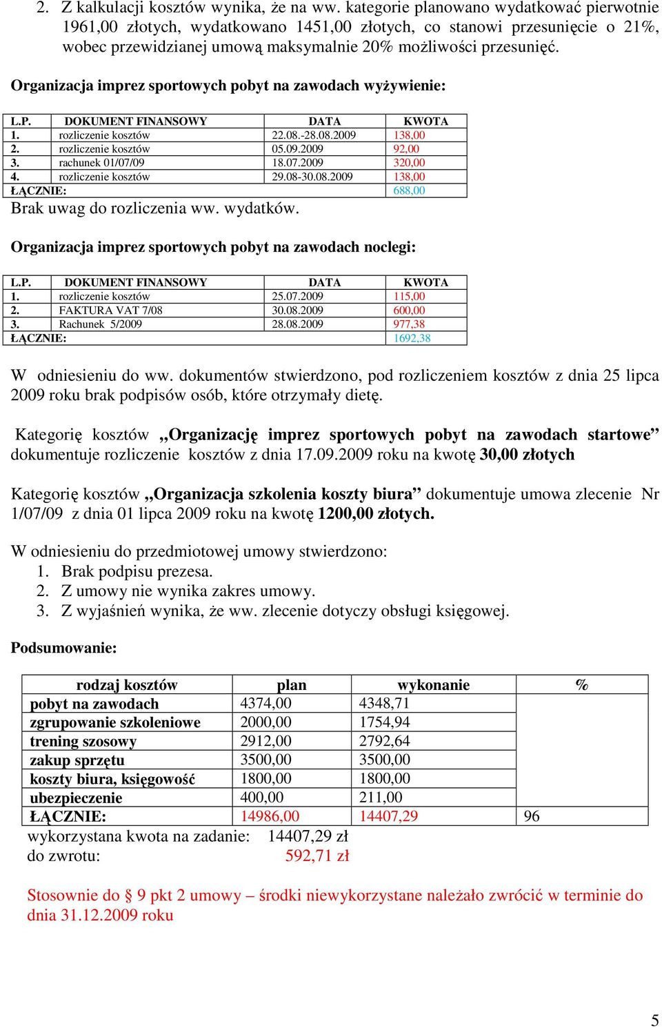 Organizacja imprez sportowych pobyt na zawodach wyżywienie: 1. rozliczenie kosztów 22.08.-28.08.2009 138,00 2. rozliczenie kosztów 05.09.2009 92,00 3. rachunek 01/07/09 18.07.2009 320,00 4.