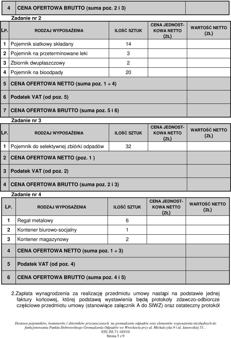 1 4) CENA JEDNOST- KOWA NETTO WARTOŚĆ NETTO 6 Podatek VAT (od poz. 5) 7 CENA OFERTOWA BRUTTO (suma poz. 5 i 6) Zadanie nr 3 LP.