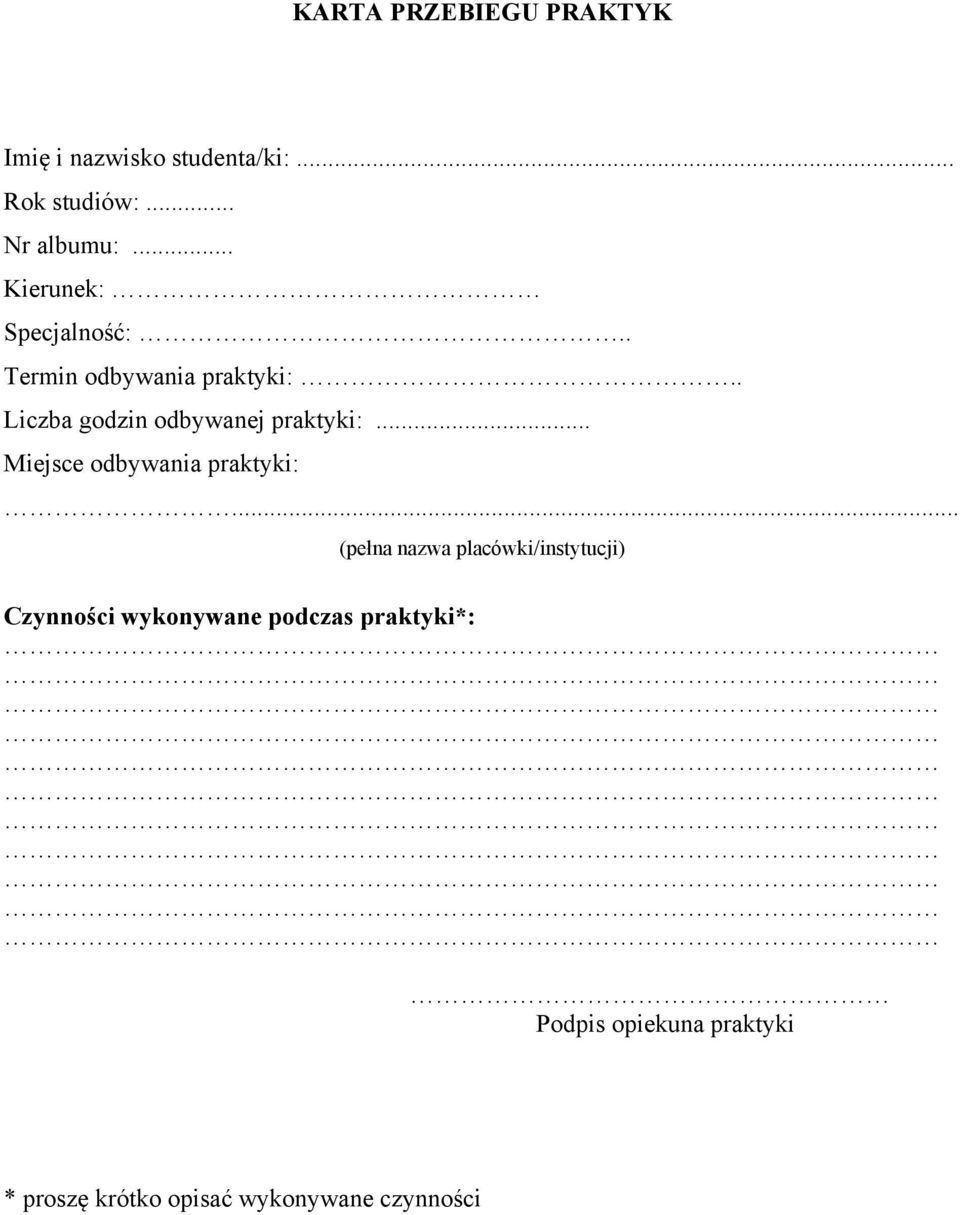 . Liczba godzin odbywanej praktyki:... Miejsce odbywania praktyki:.