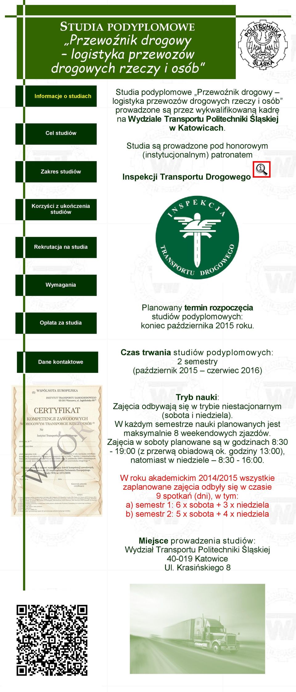 Czas trwania podyplomowych: 2 semestry (październik 2015 czerwiec 2016) Tryb nauki: Zajęcia odbywają się w trybie niestacjonarnym (sobota i niedziela).