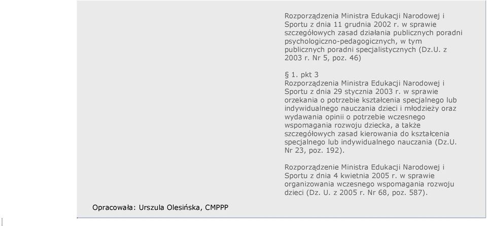 w sprawie orzekania o potrzebie kształcenia specjalnego lub indywidualnego nauczania dzieci i młodzieŝy oraz wydawania opinii o potrzebie wczesnego wspomagania rozwoju dziecka, a takŝe