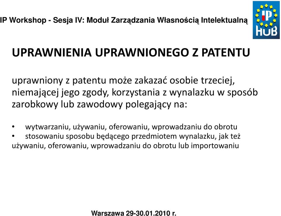 na: wytwarzaniu, używaniu, oferowaniu, wprowadzaniu do obrotu stosowaniu sposobu będącego