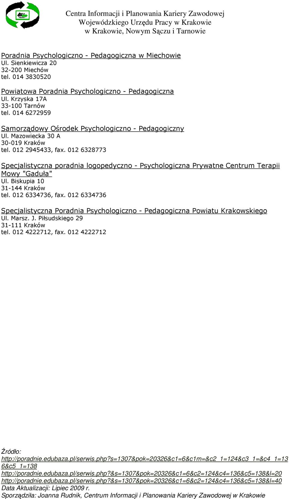 012 6328773 Specjalistyczna poradnia logopedyczno - Psychologiczna Prywatne Centrum Terapii Mowy "Gaduła" Ul.