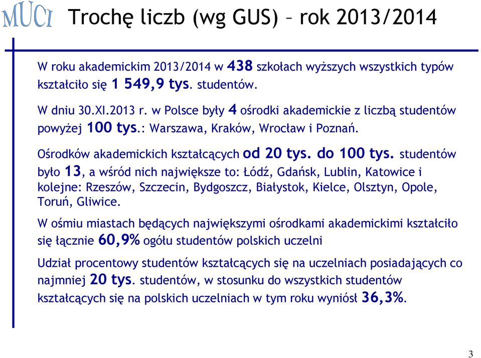 studentów było 13, a wśród nich największe to: Łódź, Gdańsk, Lublin, Katowice i kolejne: Rzeszów, Szczecin, Bydgoszcz, Białystok, Kielce, Olsztyn, Opole, Toruń, Gliwice.