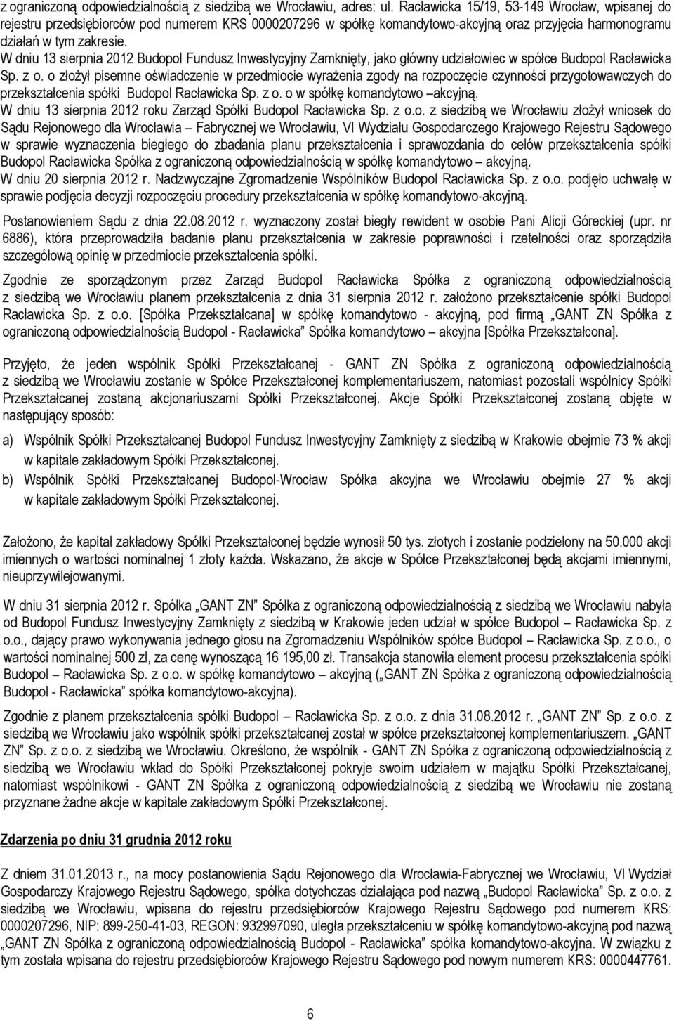 W dniu 13 sierpnia 2012 Budopol Fundusz Inwestycyjny Zamknięty, jako główny udziałowiec w spółce Budopol Racławicka Sp. z o.