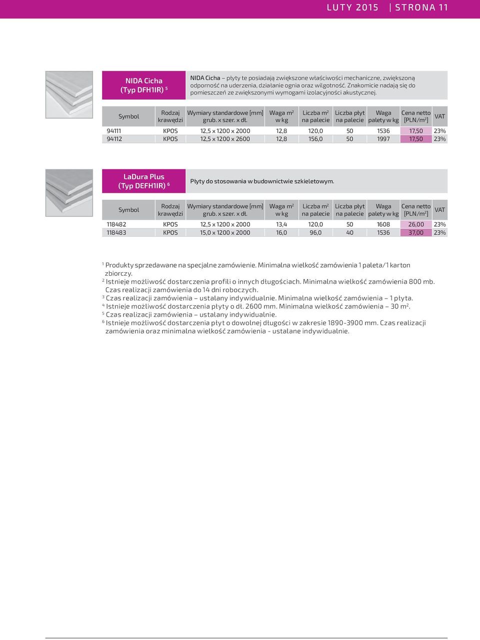 Liczba m 2 Liczba płyt Waga palety [PLN/m 2 ] 94111 KPOS 12,5 x 1200 x 2000 12,8 120,0 50 1536 17,50 23% 94112 KPOS 12,5 x 1200 x 2600 12,8 156,0 50 1997 17,50 23% LaDura Plus (Typ DEFH1IR) 6 Płyty