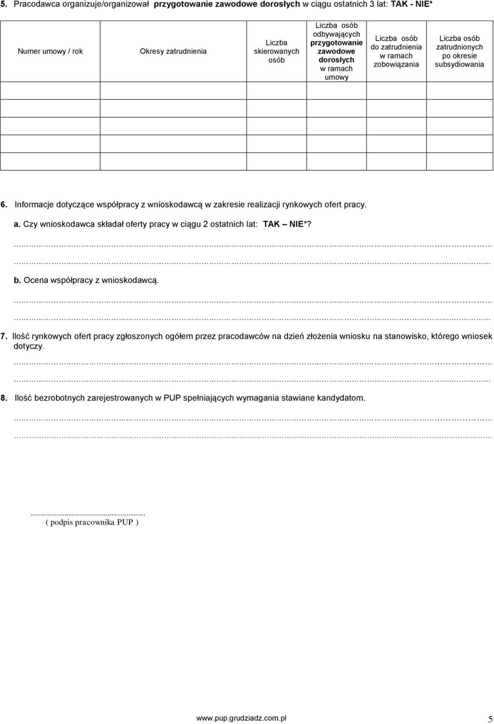 Czy wnioskodawca składał oferty pracy w ciągu 2 ostatnich lat: TAK NIE*?.. b. Ocena współpracy z wnioskodawcą... 7.