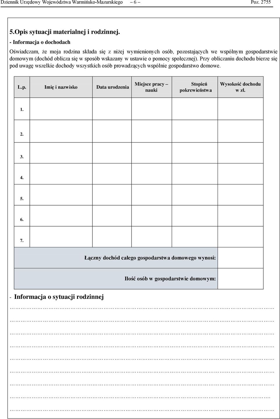 wskazany w ustawie o pomocy społecznej). Przy obliczaniu dochodu bierze się pod uwagę wszelkie dochody wszystkich osób prowadzących wspólnie gospodarstwo domowe. L.p. Imię i nazwisko Data urodzenia Miejsce pracy nauki Stopień pokrewieństwa Wysokość dochodu w zł.